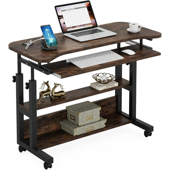 BOBOKY Portable Desk with Power Outlets, Height Adjustable Side Table Sofa Couch Bedside Laptop Computer Cart with USB Charging Ports, Mobile Small Standing Desk with Keyboard Tray,Brown