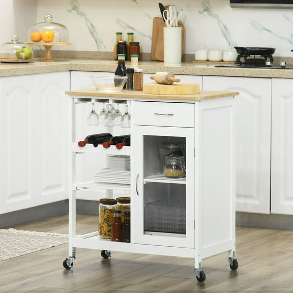 BOBOKY Rolling Kitchen Cart with Wine Rack and Cabinet Mobile Kitchen Island for Food Prep Storage and Dining.White