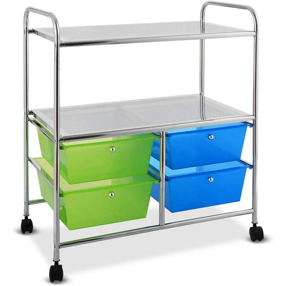 BOBOKY Rolling Storage Cart with 4 Drawers 2 Shelves Metal Rack Shelf Home Office School Beauty Salon Utility Organizer Cart with Wheels (Blue & Green)