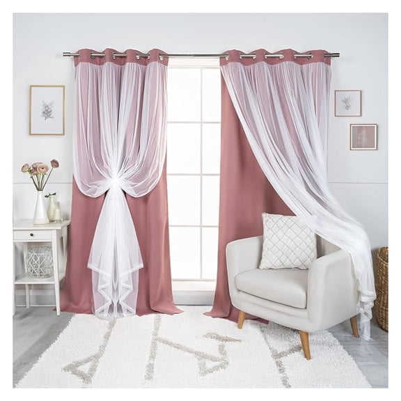 BOBOKY Set of 2 Lace Tulle Overlay Thermal Insulated Solid Blackout, Stainless Steel Nickel Grommet Window Panels for Bedroom, Living Room, Dining Room - 52" W x 84" L, Mauve