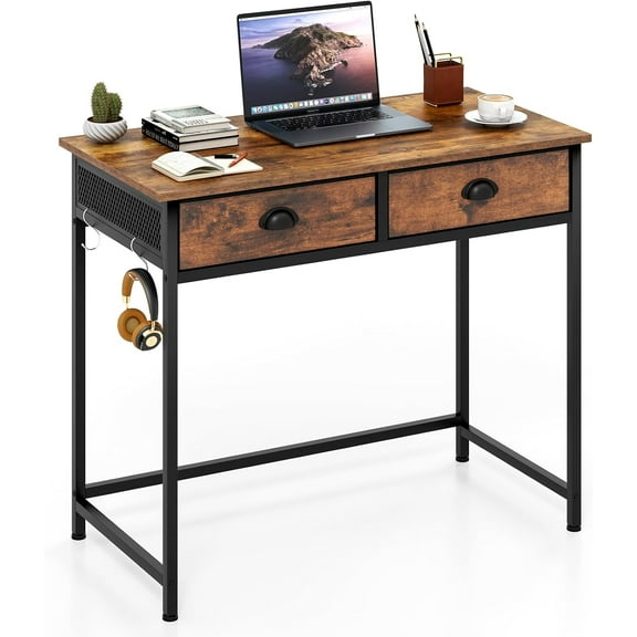 BOBOKY Small Computer Desk with Fabric Drawers, 36 Inch Home Office Desk with 4 Hanging Hooks and  Metal Frame, Space Saving Vanity Table, Study Writing Desk for Living Room Bedroom,Rustic Brown