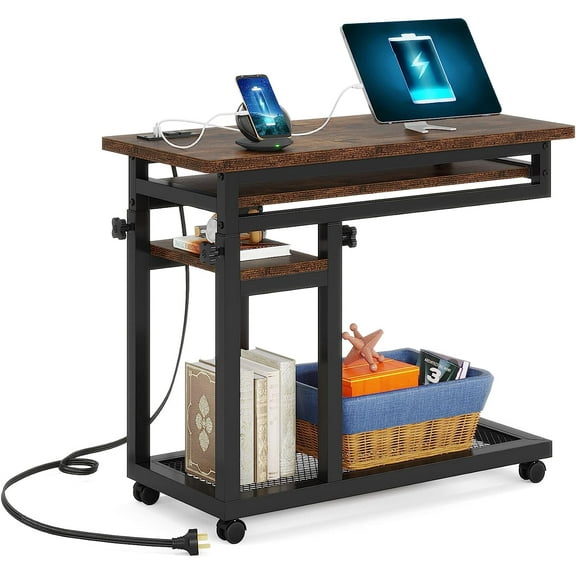 BOBOKY Small Portable Desk with Power Outlet, Height Adjustable Sofa Couch Bedside Laptop Table with Wheels, Mobile Standing Desk Rolling Computer Cart C Side Table with USB Ports,Brown