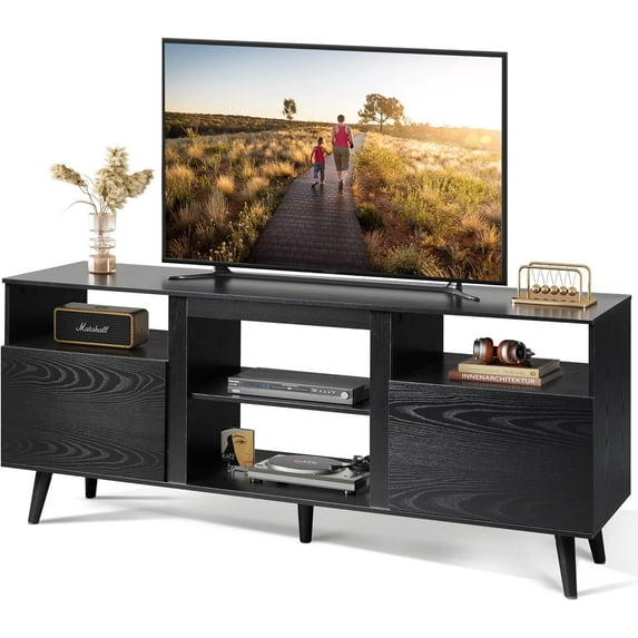 BOBOKY TV Stand for 65 Inch TV, 58 inch Entertainment Center with 2 Storage Cabinets, Media Console for Living Room, Bedroom and Office,Black,TV stand without fireplace