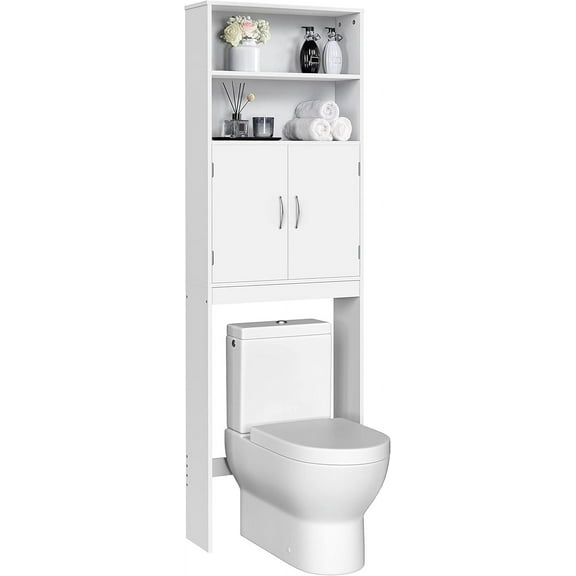 BOBOKY Over The Toilet Storage, Tall Bathroom Organizer Cabinet with Adjustable Shelves and Double Doors, Space Saving Storage Unit for Bathroom Bedroom,White