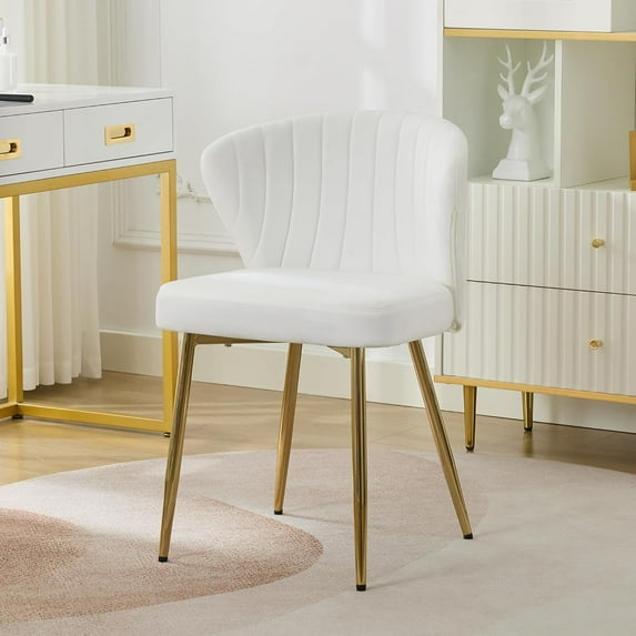 BOBOKY Vanity Chair with Golden Legs, Modern Makeup Chair with Back, Small Accent Chair for Bedroom Living Room, Cute Vanity Stool, Compact Upholstered Seat.White,1 PC