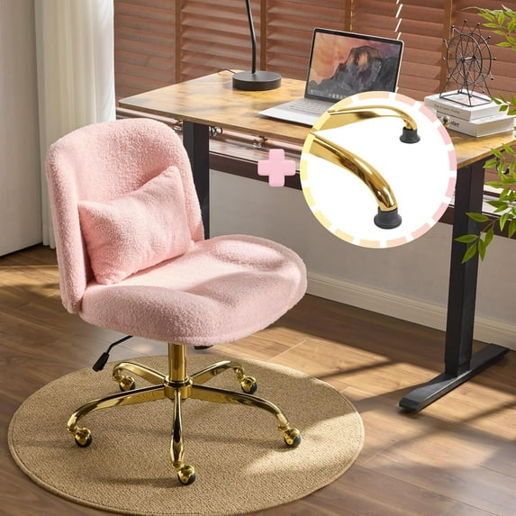 BOBOKY Wide Criss Cross Legged Office Chair,Buttprint Ergonomic Desk Chair Comfy w/Pillow Base,Dual-Use with/no Wheels,Adjustable Vanity Swivel Chair for Bedroom,Home Office,Petal Pink