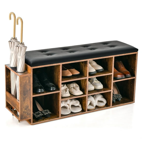 BOBOKY Wooden Shoe Bench 10-Cube Storage Organizer with Padded Cushion & Umbrella Holder, Entryway Bench with Storage for Entry Hall, Living Room.