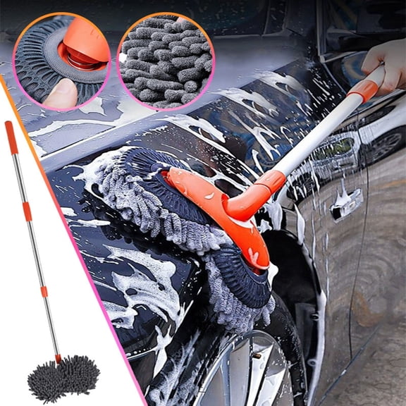 BOBOMOTI Car Wash Brush with Aluminum Alloy Long Handle, Microfiber Car Cleaning Washing Mop Brush Clearance, Glass Scrubber Vehicle Cleaner for Car RV Truck