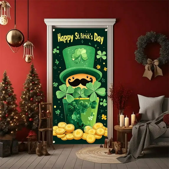 BOBOMOTI St Patricks Day Door Cover Decorations Happy St Patricks Day Door Cover Green Irish Holiday Party Supplies