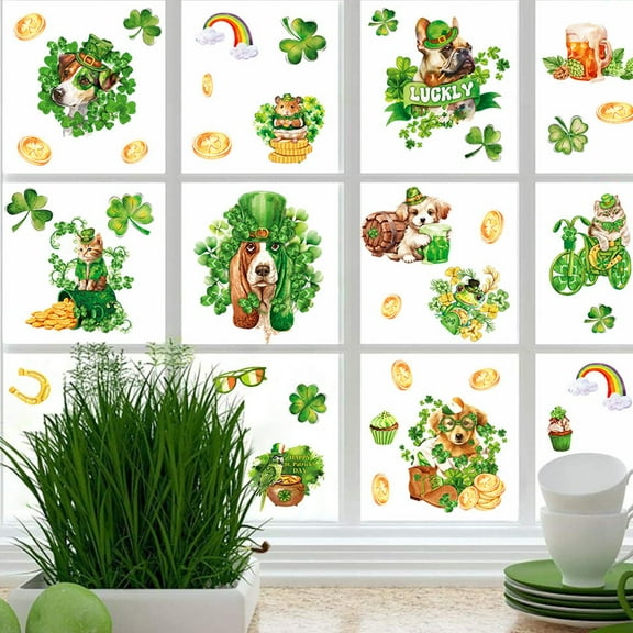 BOBOMOTI St Patricks Day Window Clings 4 Sheets Cute Pet Designs Window Stickers Decals with Green Shamrock Irish Holiday Party Supplies