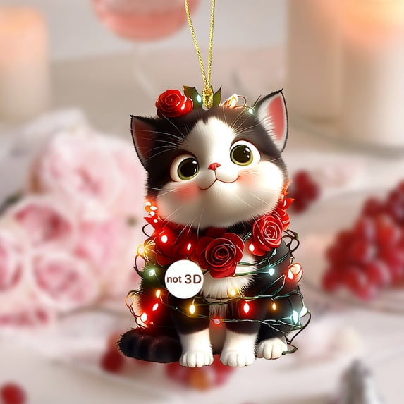 BOBOMOTI Valentines Day Decor Sweet Rose Cat Ornament for Xmas Valentine's Day Home Decorations