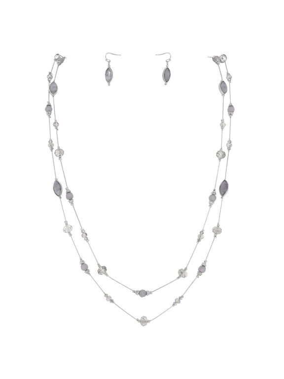 2 Layer Illusion Wire Beaded long Collar Statement Necklace with Earrings Long Necklace for Women (N0098-Sliver)
