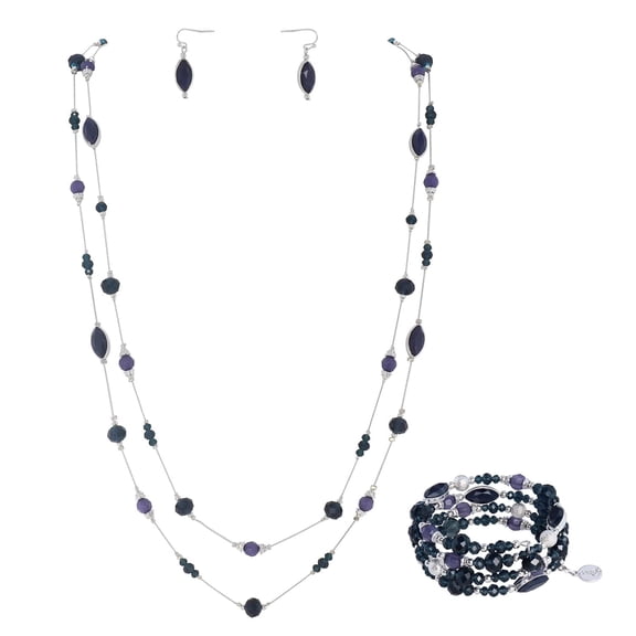 BOCAR 2 Layer Illusion Wire Beaded long Collar Statement Necklace with Earrings Long Necklace for Women (ST0011-Dark Blue)