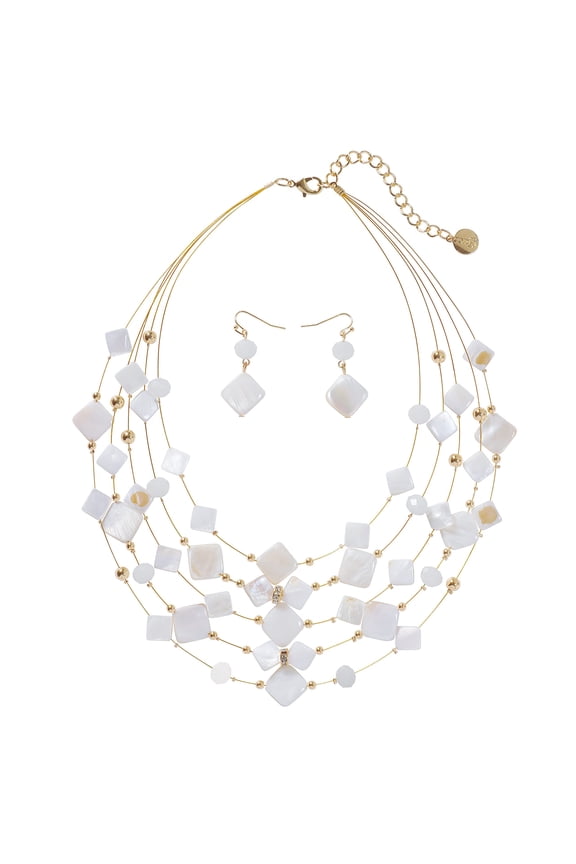 5 Layer Illusion Wire Gradient Color Shell Beaded Statement Necklace for Women (N0021_White)