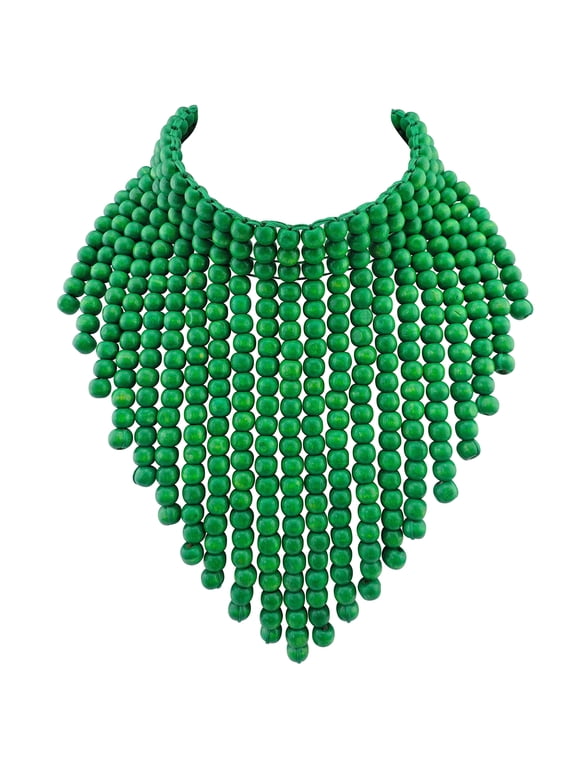 Boho African Wooden Beaded Bib Statement Necklace for Women Fashion Costume Jewelry