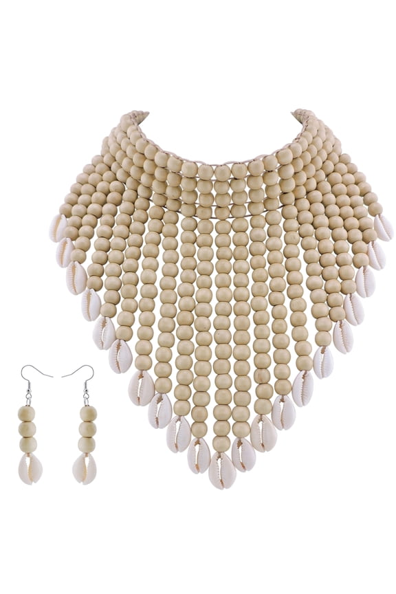 Boho African Wooden Beaded Bib Statement Necklace Strands Layered Cluster Chunky Collar Choker Wood Necklace for Women Fashion Costume Jewelry (N0065-Off White+Shell)