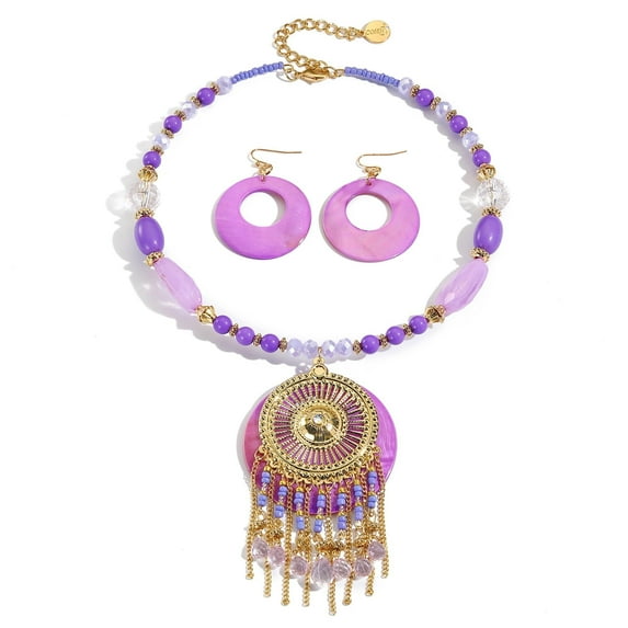 BOCAR Boho Jewelry Set for Women Shell Pendant Necklace Earrings Beaded Bohemian Collar Necklace Handmade Chunky Statement Strand Necklace for Women (ER1228-Red)