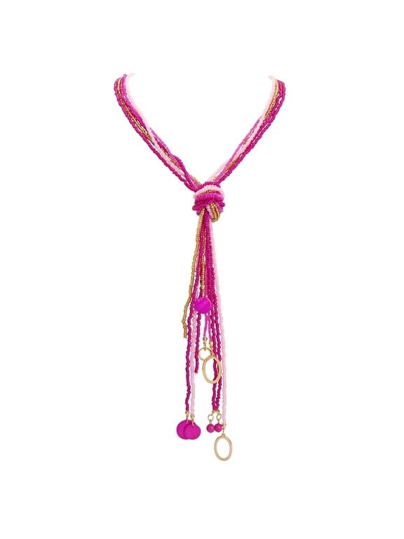 Long Seed Beaded Multi Strand Necklace,10 Multiple Statement Long Bib Necklace with Tie Knot for Women Jewelry (N0102-Rose)