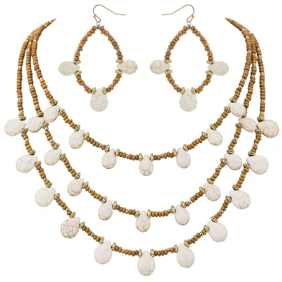 BOCAR Simulated Turquoise Beads Strand Statement Necklace for Women with Earrings, 20.8", Turquoise, Turquoise (N0043White & Light Brown)