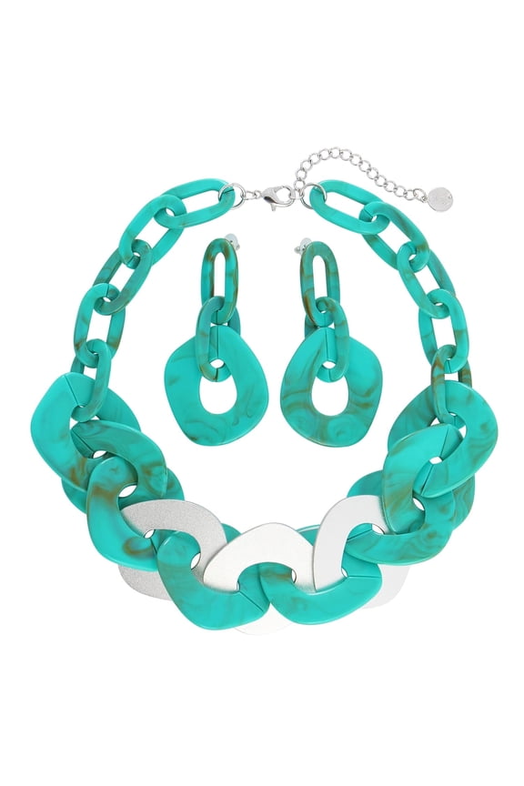 Statement Chunky Necklace Metal Punk Acrylic Cuban Link Chain Necklaces Bohemian Tortoise Shell Acrylic Resin Chain Link(N0090-Teal)