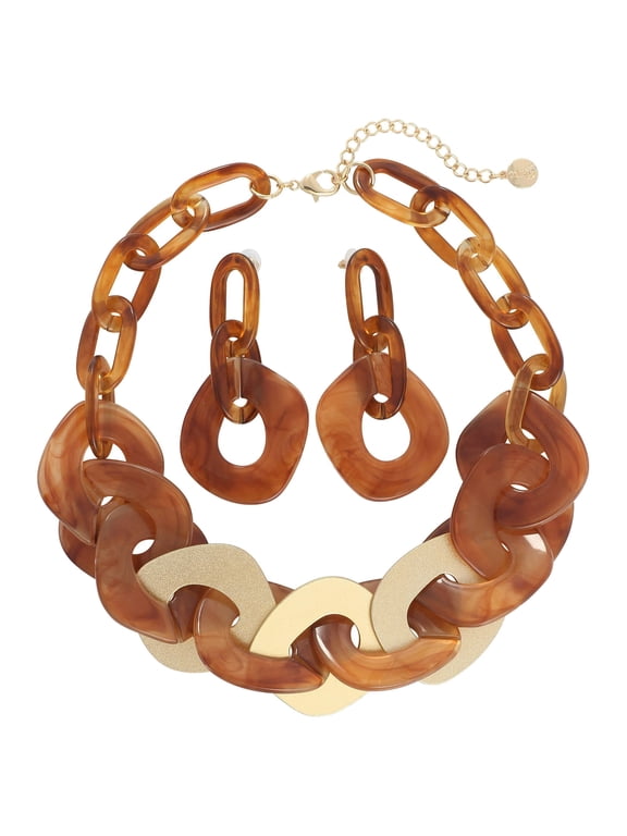 Statement Chunky Necklace Metal Punk Acrylic Cuban Link Chain Necklaces Bohemian Tortoise Shell Acrylic Resin Chain Link (N0090-Texture Brown)