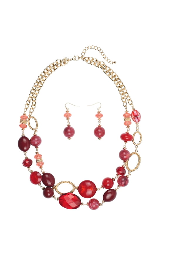 Women's Beaded 2 Layer Strand Statement Necklace with Earrings Collar Jewelry Set (N0003-Red)