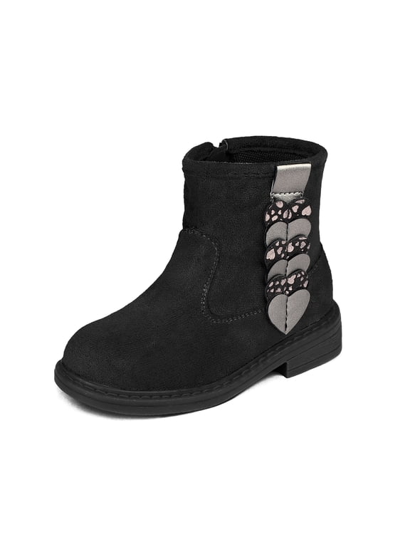Girls Ankle Boots with Heart, Warm Lined Toddler Winter Shoes, Side Zipper Round Toe Boots For School Outdoor