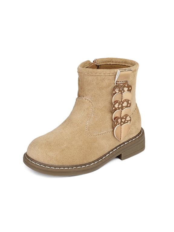 Girls Ankle Boots with Heart, Warm Lined Toddler Winter Shoes, Side Zipper Round Toe Boots For School Outdoor