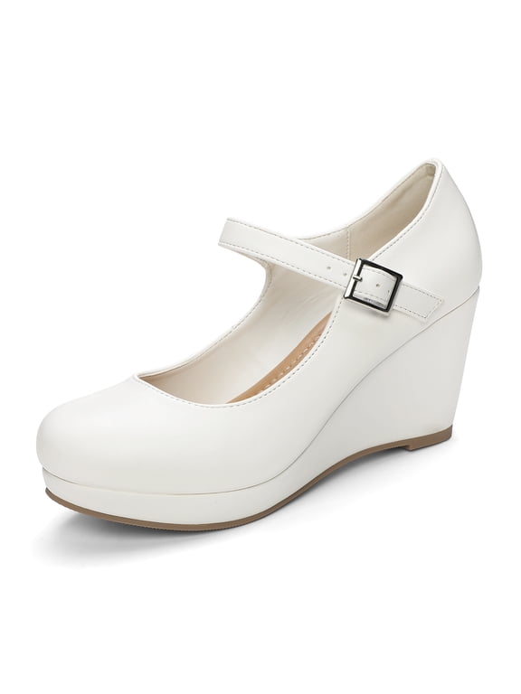 Women MaryJane Wedge Heels Platform Pumps with Ankle Strap,Round Toe Dress Shoes for Work Party