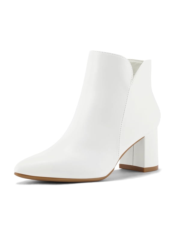 Women's Ankle Boots Chunky Block Low Heel Comfortable Pointed Toe Side V Cutout Dressy Office Booties with Zipper
