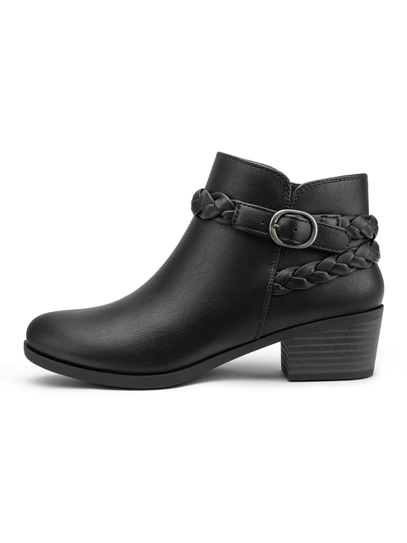 Womens Ankle Boots Low Block Heel Round Toe Short Booties Side Zip Shoes for Casual Office Wear