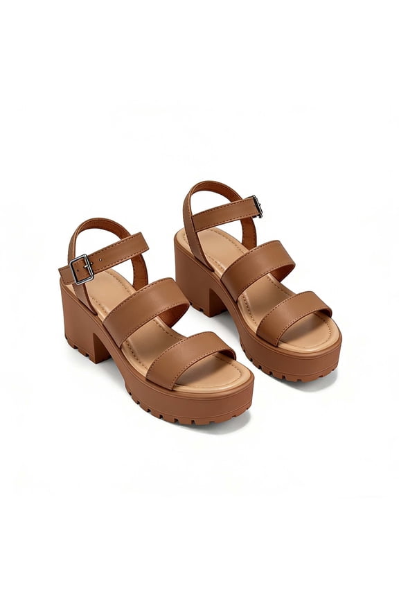 Women's Sandals Adjustable Straps Platform Slingback, 3Inch Mid Heel Thick Open Toe, Brown, 8M