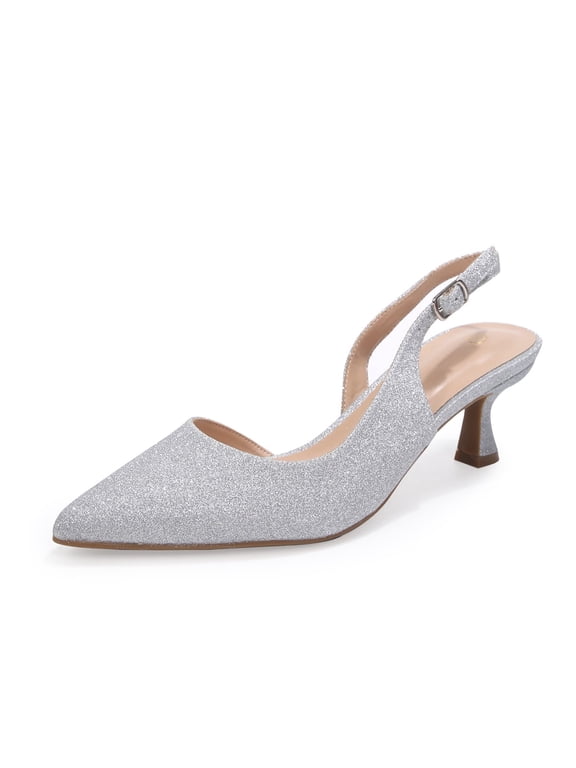 Women’s Kitten Heel Pumps, Pointed Toe Glitter Dress Shoes for Work, Party & Evening Wear