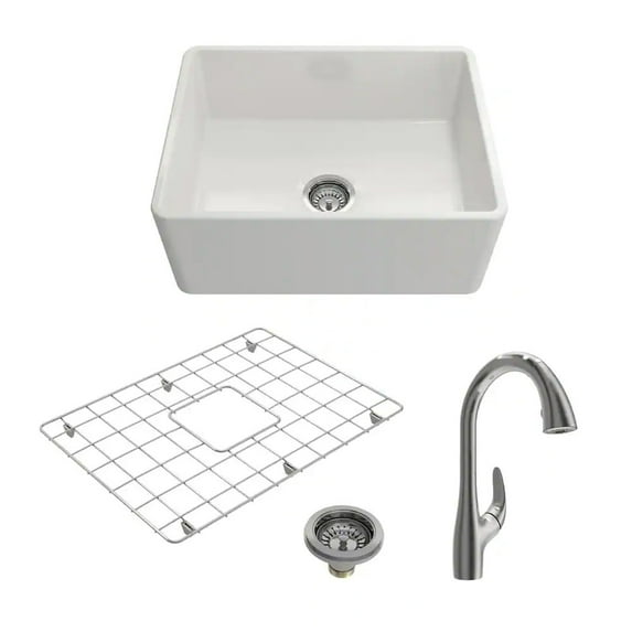 BOCCHI 1137-001-2024SS White Fireclay 24 in. Single Bowl Farmhouse Sink Kit