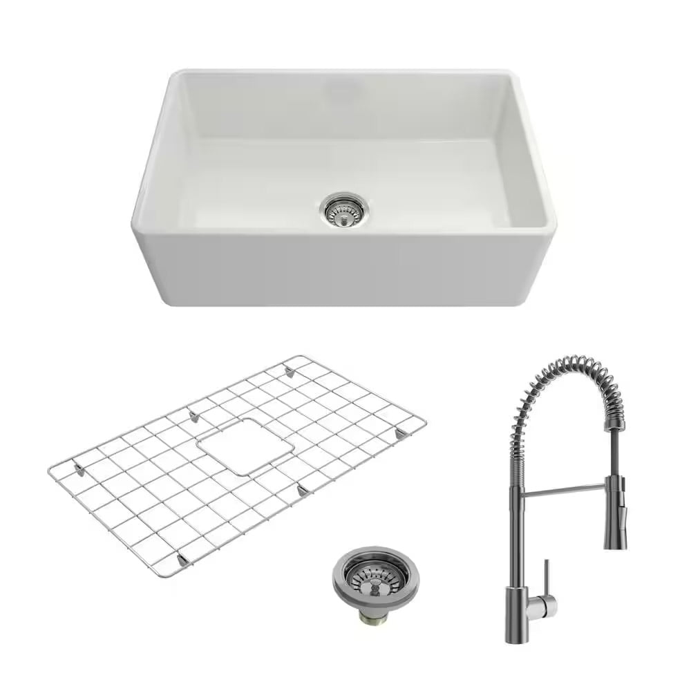 White Fireclay 30" Single Bowl Farmhouse Sink Kit