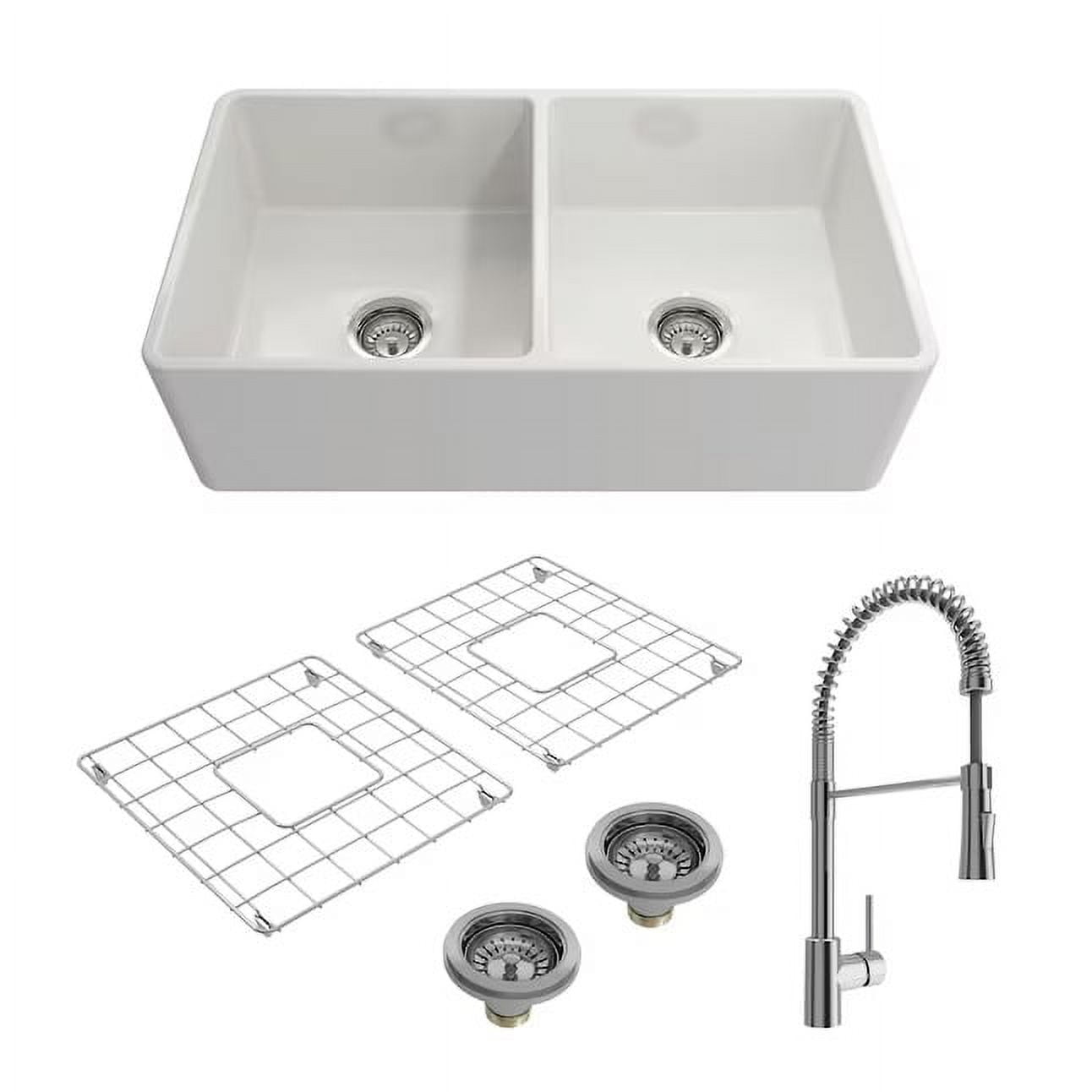 White Fireclay 33-Inch Double Bowl Farmhouse Kitchen Sink with Chrome Faucet