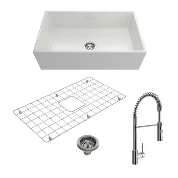 BOCCHI 1352-001-2020CH Apron Front Fireclay 33 Inch Single Bowl Kitchen Sink Kit