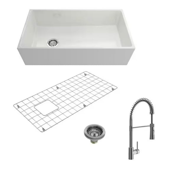 BOCCHI 1354-001-2020SS Apron Front Fireclay 36 Inch Single Bowl Kitchen Sink Kit