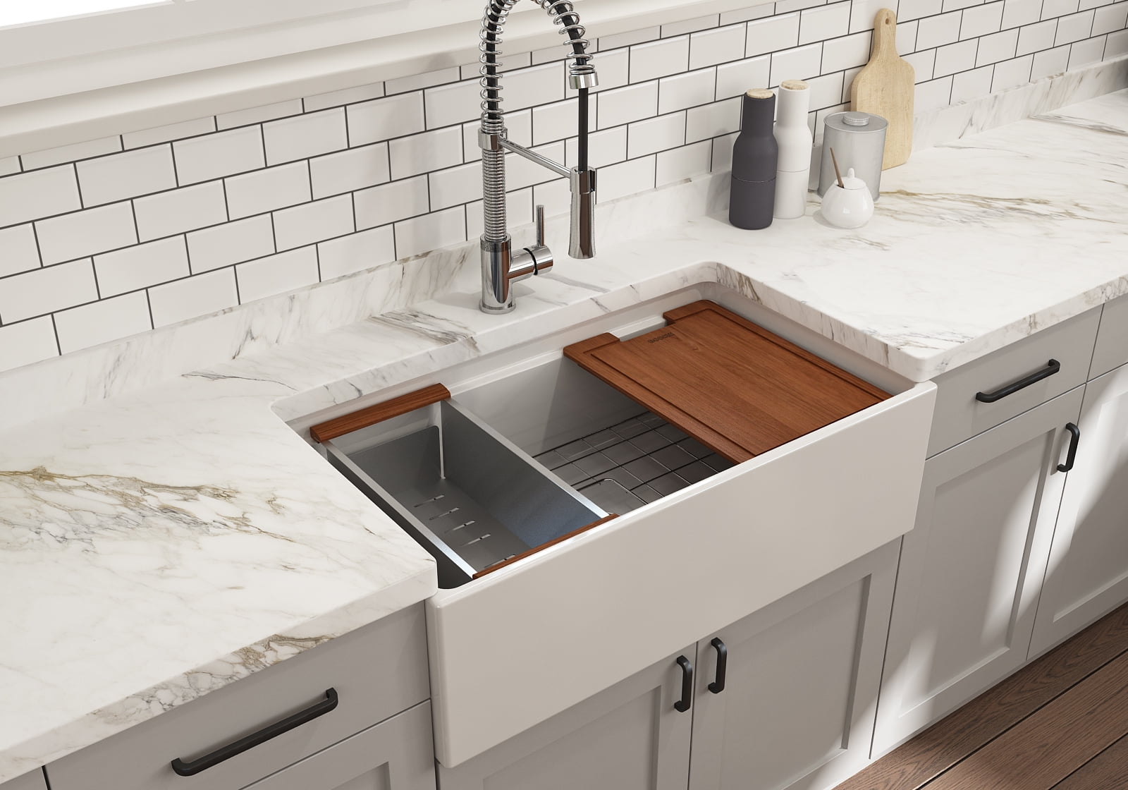 White Fireclay 33'' Apron-Front Kitchen Sink with Accessories