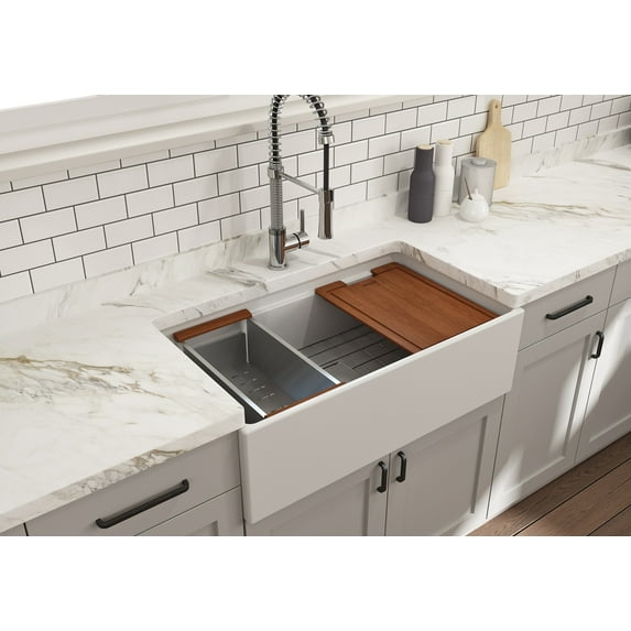 BOCCHI 1504-002-0120 Apron Step Rim Fireclay 33" Kitchen Sink Matte White