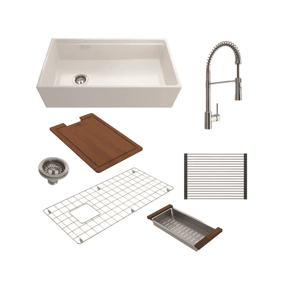 BOCCHI 1505-001-2020CH Apron Front Fireclay 36 Inch Single Bowl Kitchen Sink Kit