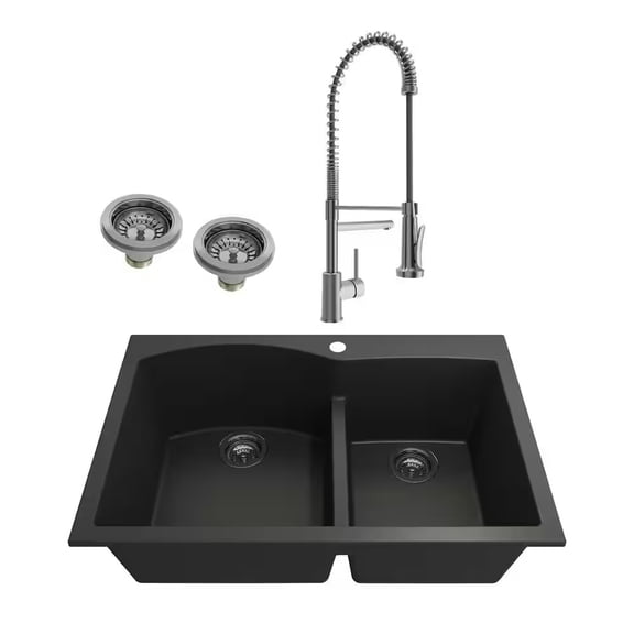 BOCCHI 1602-504-2019SS Dual Mount Granite Composite 33" 2 Bowl Kitchen Sink Kit