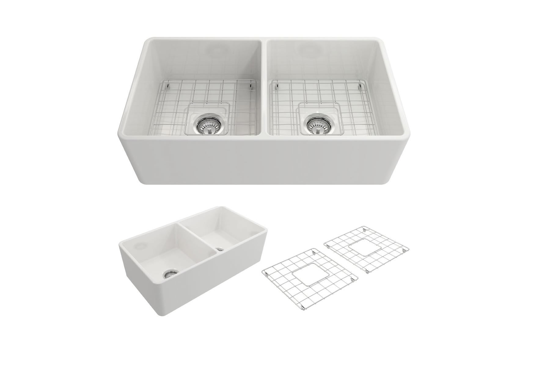 33'' White Fireclay Double Bowl Farmhouse Sink