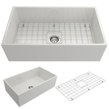 BOCCHI Contempo Apron Front Fireclay 33 in. Single Bowl Kitchen Sink with Protective Bottom Grid and Strainer in White