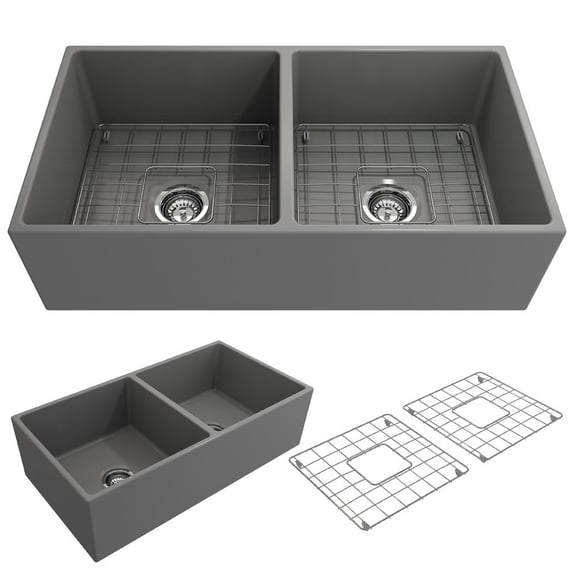 BOCCHI Contempo Apron Front Fireclay 36 in. Double Bowl Kitchen Sink with Protective Bottom Grid and Strainer in Matte Gray