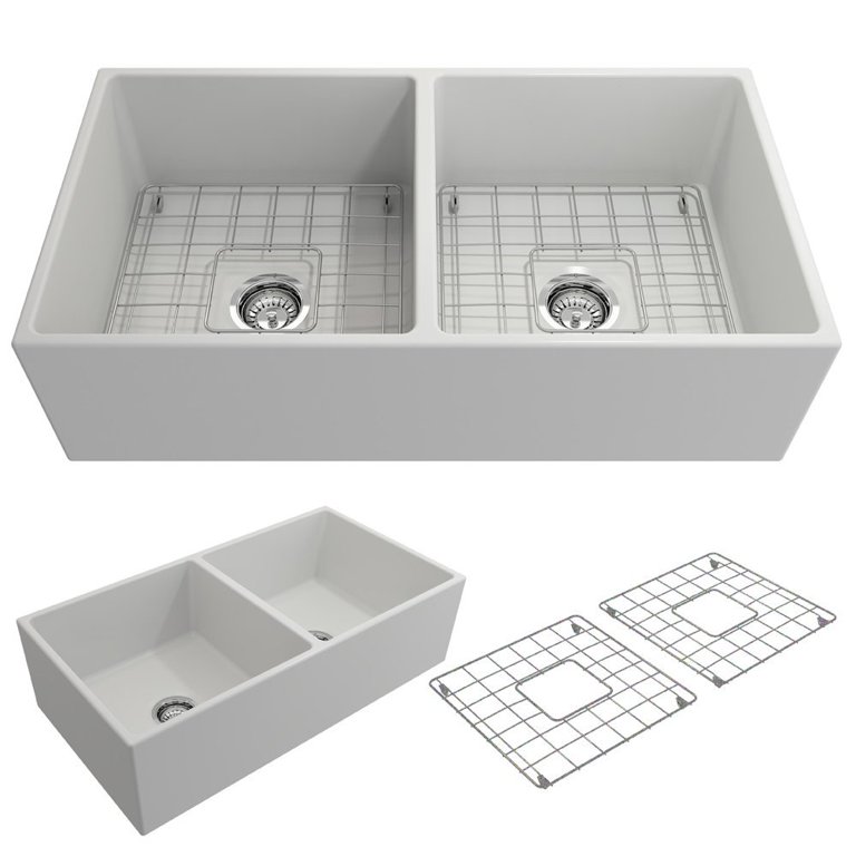 Contempo Farmhouse Apron Front Fireclay 36 in. Double Bowl Kitchen Sink with Bottom Grid and Strainer in White Contempo Farmhouse Apron Front Fireclay 36 in. Double Bowl Kitchen Sink with Bottom Grid and Strainer in White