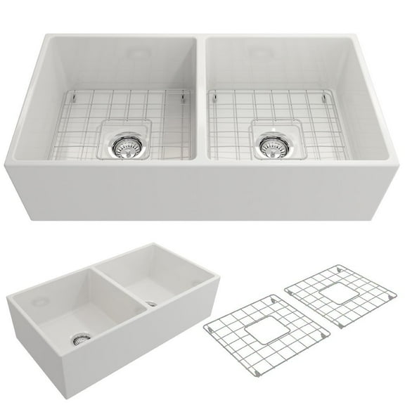 BOCCHI Contempo Apron Front Fireclay 36 in. Double Bowl Kitchen Sink with Protective Bottom Grid and Strainer in White
