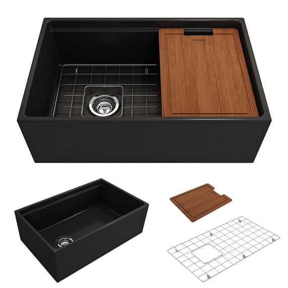 BOCCHI Contempo Apron Front Step Rim Fireclay 30 in. Single Bowl Kitchen Sink with Protective Bottom Grid and Strainer in Matte Black