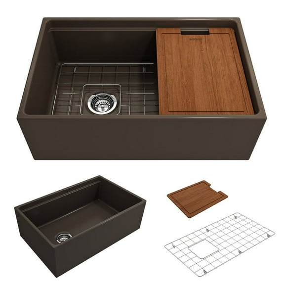BOCCHI Contempo Apron Front Step Rim Fireclay 30 in. Single Bowl Kitchen Sink with Protective Bottom Grid and Strainer in Matte Brown