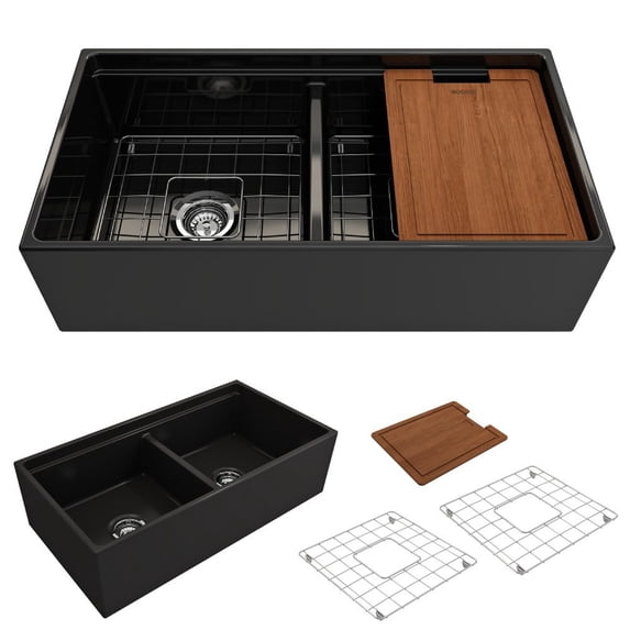 BOCCHI Contempo Apron Front Step Rim Fireclay 36 in. Double Bowl Kitchen Sink with Protective Bottom Grid and Strainer in Matte Black